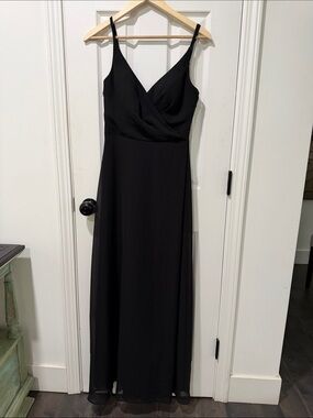 Azazie Lennon ? Black Spaghetti-Strap Maxi Gown lace back leg slit chiffon